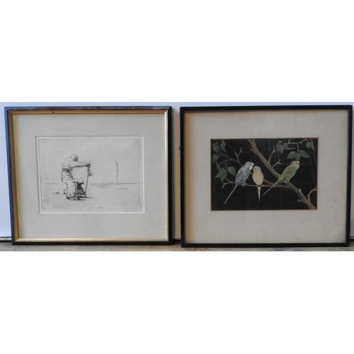 248 - A MONOCHROME PRINT SIGNED WILLIAM LAMB AND A WATER COLOUR OF BUDGERIGARS, the Lamb print measuring 1... 