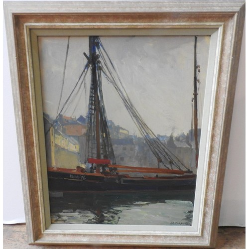 253 - JAMES EDWARD DUGGINS (1881-1968) 'BRIXHAM EVENING' OIL ON BOARD, NEWLYN SCHOOL 1930'S, 50 x 39.5 cm