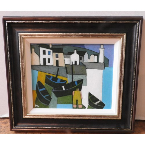 259 - PETER STANAWAY (b.1943) 'CORNISH FISHING HARBOUR' OIL ON BOARD, monogrammed in bottom left hand corn... 