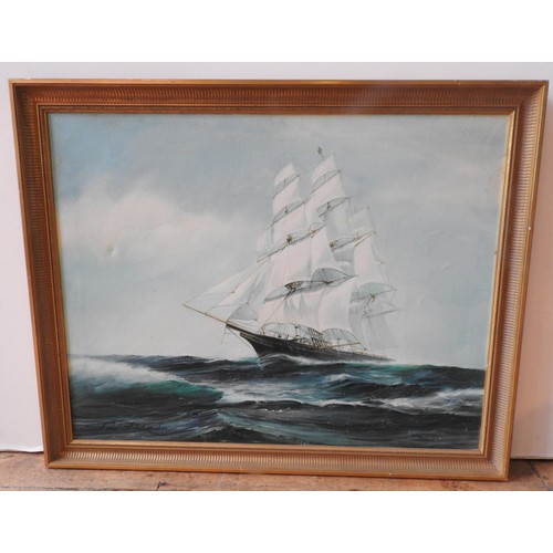 261 - PAUL RICHARDSON (20TH CENTURY) SIGNED OIL ON CANVAS OF TALL SHIP, 70 x 90 cm