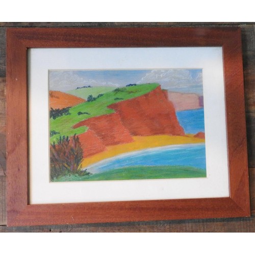 274 - SUE DANBY, GREAT GRAND DAUGHTER OF J.M.W TURNER, 'DEVON COASTLINE' PASTEL ON PAPER, 19.5 x 27.5 cm