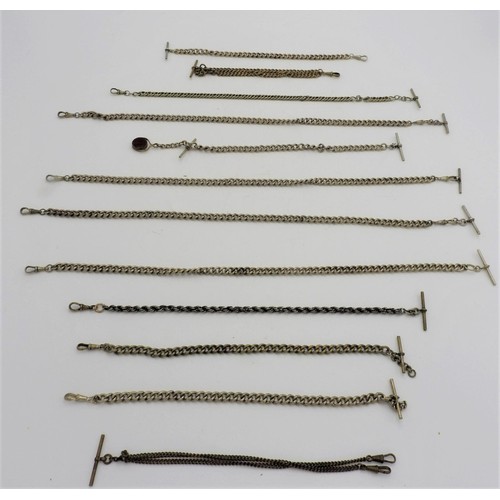 446 - A COLLECTION OF TWELVE WATCH CHAINS, one with a hardstone fob