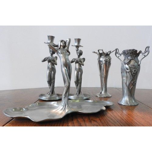 105 - CAST METAL CONTEMPORARY ART NOUVEAU STYLE CANDLESTICKS, VASES AND TRAY