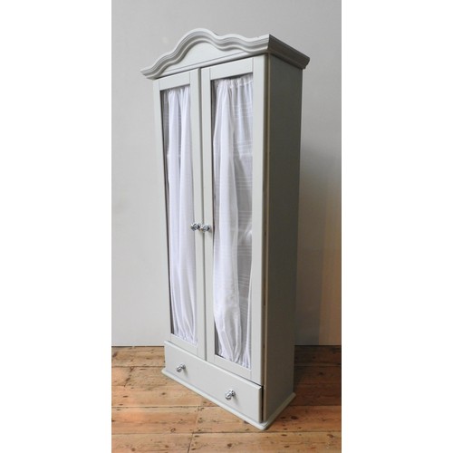 89 - A PAINTED FRENCH STYLE TWO DOOR CUPBOARD WITH MATERIAL DOOR HANGINGS AND DRAWER BELOW