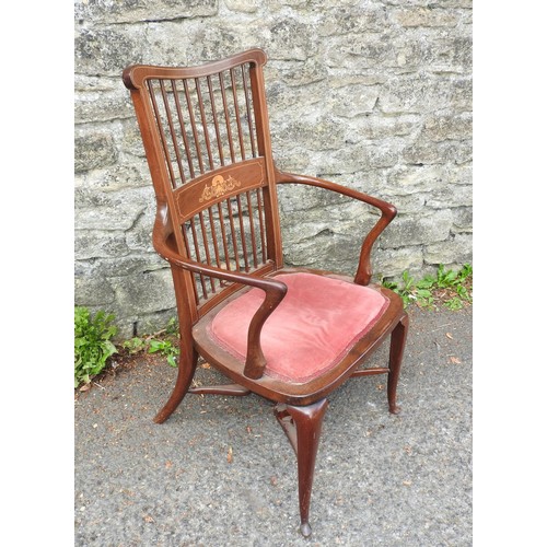 462 - A 19TH CENTURY MAHOGANY SPINDLE BACK ELBOW CHAIR, with marquetry inlaid splat and cross stretcher ba... 