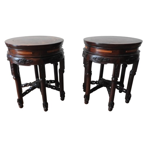 273A - GOOD PAIR OF HONGMU AND BURRWOOD STOOLSLATE QING DYNASTYwith 'floating' panel circular tops, above a... 