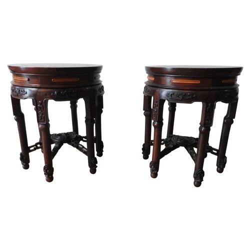 273A - GOOD PAIR OF HONGMU AND BURRWOOD STOOLSLATE QING DYNASTYwith 'floating' panel circular tops, above a... 