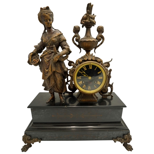 106 - FRENCH SPELTER AND SLATE MANTEL CLOCKLATE 19TH CENTURYthe rectangular black slate base surmounted by... 