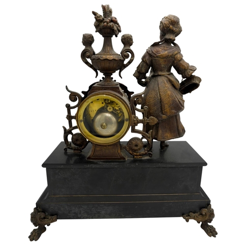 106 - FRENCH SPELTER AND SLATE MANTEL CLOCKLATE 19TH CENTURYthe rectangular black slate base surmounted by... 