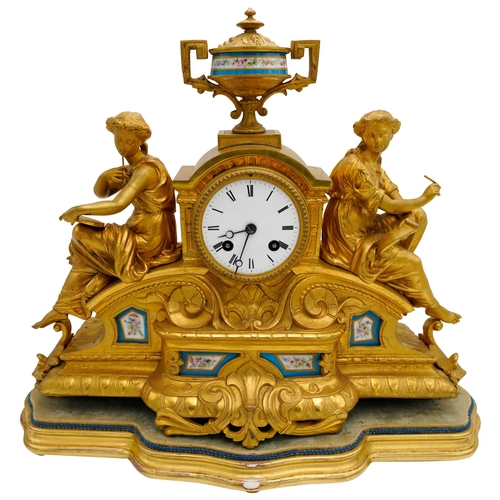 108 - LOUIS XV-STYLE GILT BRONZE AND PORCELAIN MOUNTED CLOCK LATE 19TH CENTURYthe white enamel dial with R... 