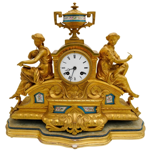 108 - LOUIS XV-STYLE GILT BRONZE AND PORCELAIN MOUNTED CLOCK LATE 19TH CENTURYthe white enamel dial with R... 