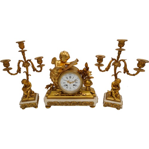 109 - GOOD LOUIS XV STYLE GILT BRONZE AND MARBLE CLOCK GARNITURELATE 19TH CENTURYthe white enamerl dial wi... 