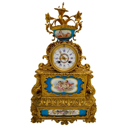 110 - LOUIS XV STYLE GILT-BRONZE AND 'SEVRES' PORCELAIN MOUNTED CLOCK19TH CENTURYthe ornate rococo gilt-br... 