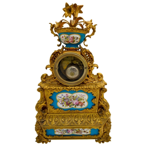 110 - LOUIS XV STYLE GILT-BRONZE AND 'SEVRES' PORCELAIN MOUNTED CLOCK19TH CENTURYthe ornate rococo gilt-br... 