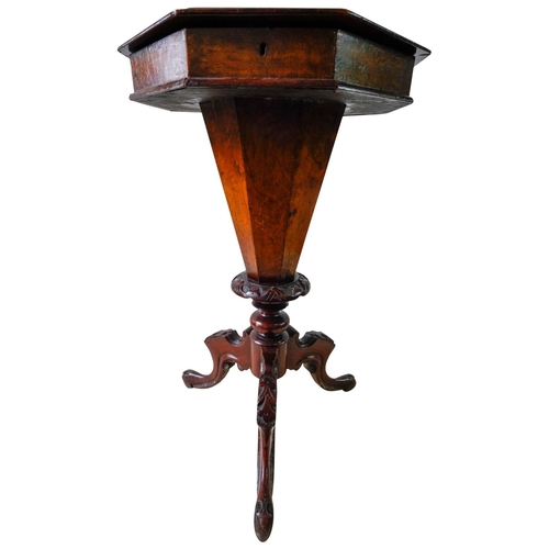 7 - VICTORIAN FIGURED WALNUT TRUMPET SHAPED WORKBOXCIRCA 1880of typical form, the hinged top opening to ... 