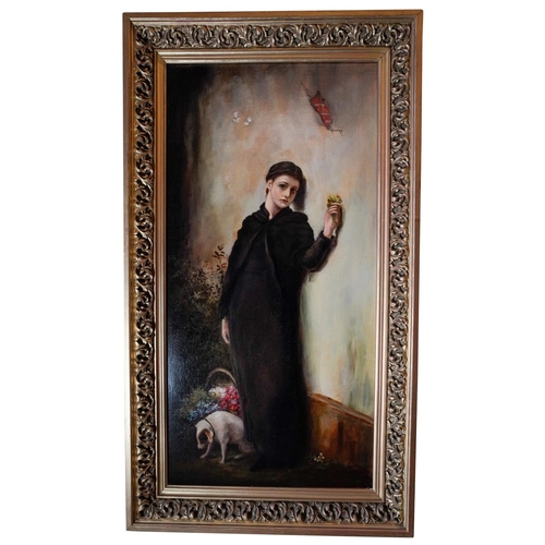 239 - CONTINENTAL SCHOOL (19TH CENTURY)PORTRATI OF A YOUNG WOMAN AND HER DOGoil on canvas, framed75cm x 37... 