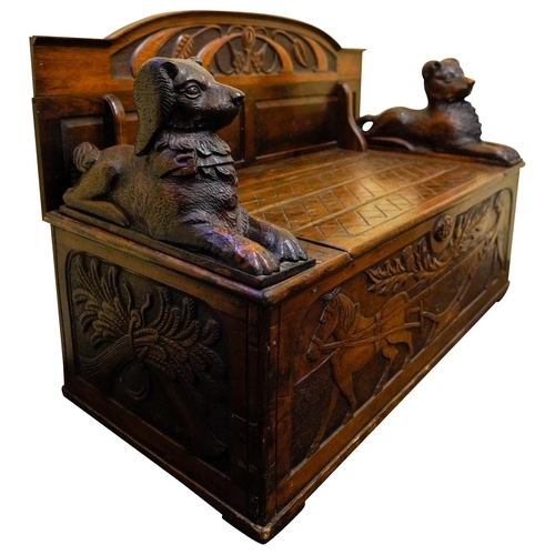 8 - CARVED STAINED SOFTWOOD 'BLACKFOREST' HALL BENCHWITH 19TH CENTURY ELEMENTSthe arched panelled back c... 