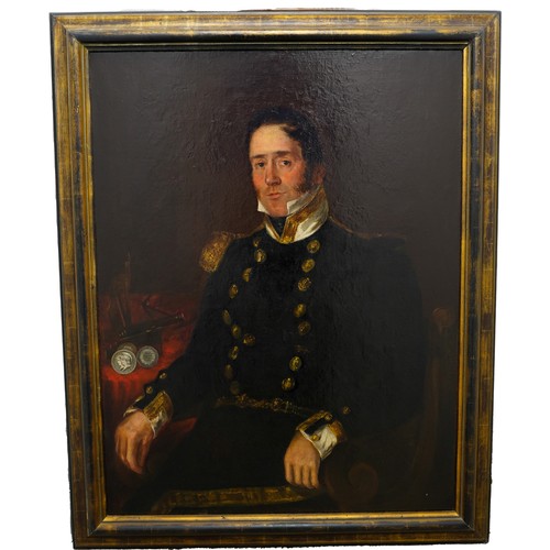 241 - BRITISH SCHOOL (XIX)PORTRAIT OF A NAVAL OFFICERoil on canvas, framed, the officer seated beside a ca... 