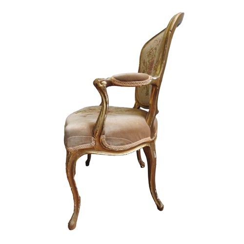 15 - LOUIS XV GILTWOOD FAUTEUIL18TH CENTURYthe shaped back, padded arms and serpentine shaped seat covere... 