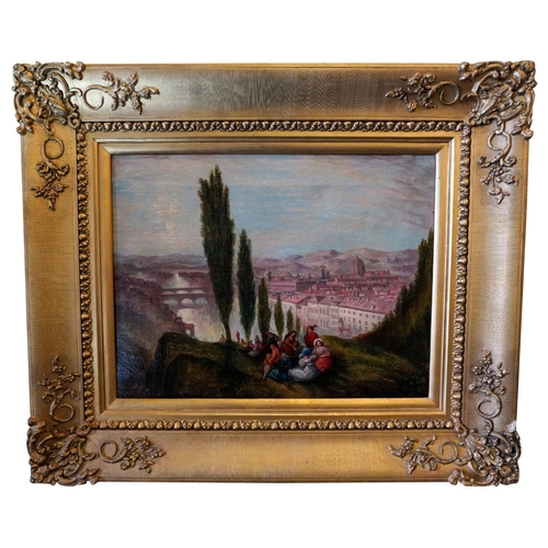 242 - ITALIAN SCHOOL (XIX)FIGURES ON HILL ABOVE ROME oil on canvas, gilt-frame42cm x 52cm... 