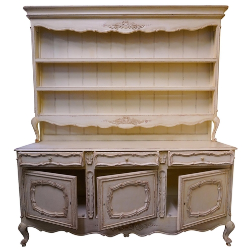 19 - LARGE LOUIS XV STYLE PAINTED DRESSERthe superstructure with three plate shelves, above a base fitted... 