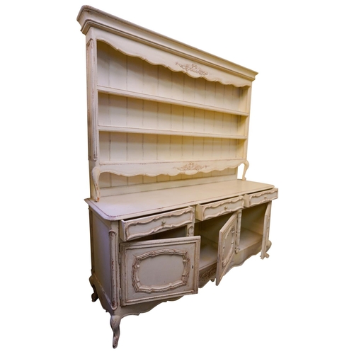 19 - LARGE LOUIS XV STYLE PAINTED DRESSERthe superstructure with three plate shelves, above a base fitted... 