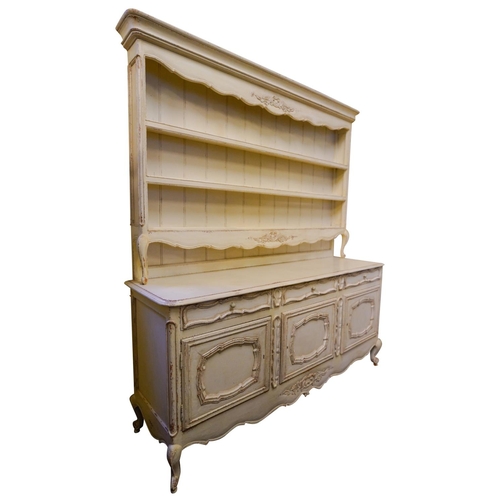 19 - LARGE LOUIS XV STYLE PAINTED DRESSERthe superstructure with three plate shelves, above a base fitted... 