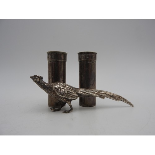 458 - A HALLMARK SILVER PHEASANT ORNAMENT AND TWO CARTRIDGE STYLE VESTAS