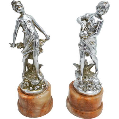 459 - PAIR OF SILVERED BRONZE FIGURESEARLY 20TH CENTURYeach modelled as a classical maiden, raised on onyx... 