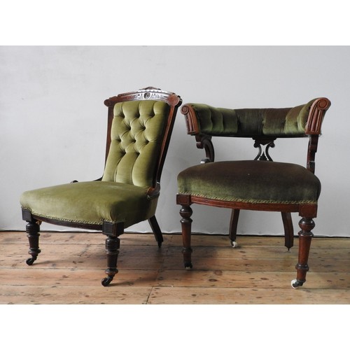 25 - A VICTORIAN MAHOGANY FRAMED BUTTON BACK NURSING CHAIR AND A VICTORIAN OAK BOW BACK TUB CHAIR, both c... 