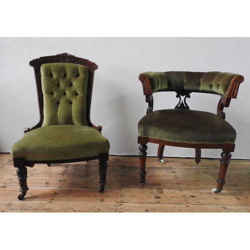 25 - A VICTORIAN MAHOGANY FRAMED BUTTON BACK NURSING CHAIR AND A VICTORIAN OAK BOW BACK TUB CHAIR, both c... 