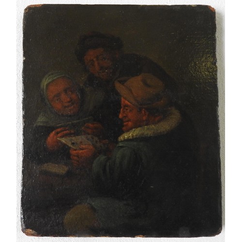 255 - AN 18TH CENTURY TAVERN SCENE OIL PAINTING ON WOODEN PANEL DEPICTING CARD PLAYERS, inscribed in penci... 