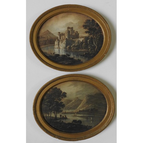 256 - FOUR OVAL FRAMED 18TH CENTURY RURAL SCENE WATER COLOURS AND TWO OVAL FRAMED MEZZOTINTS, one of the w... 