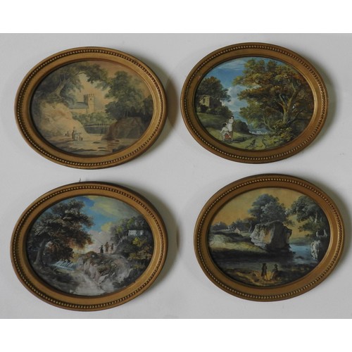 256 - FOUR OVAL FRAMED 18TH CENTURY RURAL SCENE WATER COLOURS AND TWO OVAL FRAMED MEZZOTINTS, one of the w... 