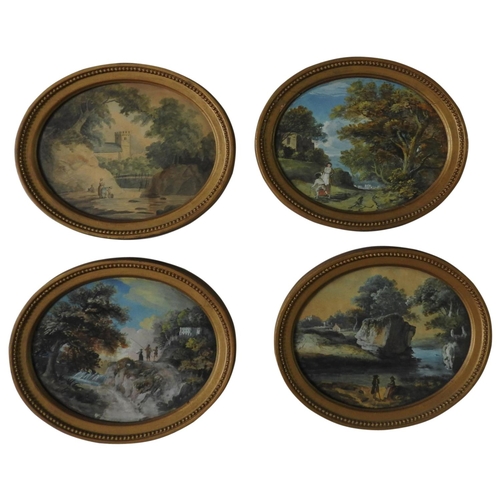 256 - FOUR OVAL FRAMED 18TH CENTURY RURAL SCENE WATER COLOURS AND TWO OVAL FRAMED MEZZOTINTS, one of the w... 