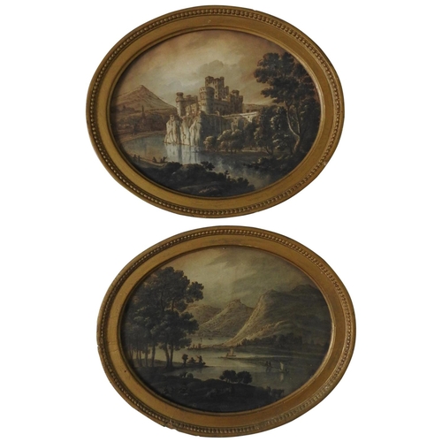 256 - FOUR OVAL FRAMED 18TH CENTURY RURAL SCENE WATER COLOURS AND TWO OVAL FRAMED MEZZOTINTS, one of the w... 