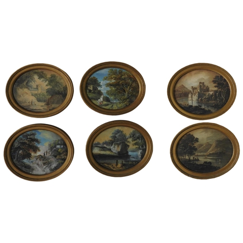 256 - FOUR OVAL FRAMED 18TH CENTURY RURAL SCENE WATER COLOURS AND TWO OVAL FRAMED MEZZOTINTS, one of the w... 