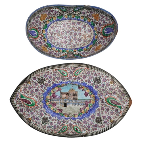 364 - INDIAN ENAMEL BOWL AND STANDLATE 19TH CENTURYof boat-shape form, decorated throughout in coloured en... 