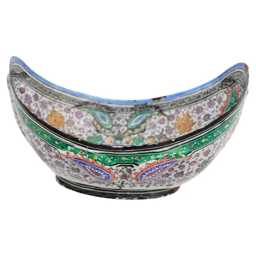 364 - INDIAN ENAMEL BOWL AND STANDLATE 19TH CENTURYof boat-shape form, decorated throughout in coloured en... 