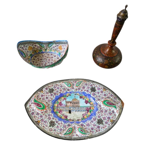 364 - INDIAN ENAMEL BOWL AND STANDLATE 19TH CENTURYof boat-shape form, decorated throughout in coloured en... 