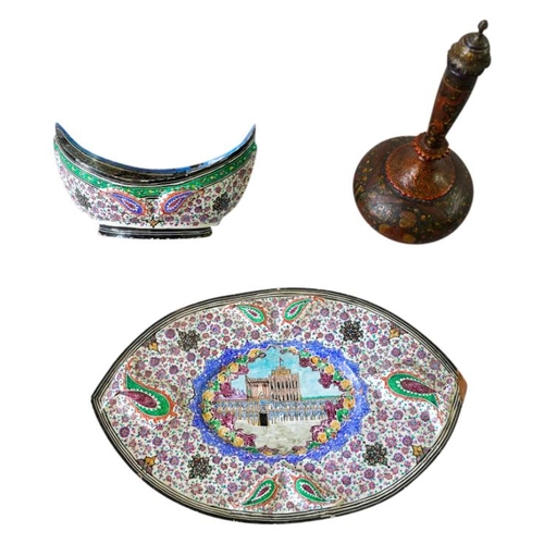 364 - INDIAN ENAMEL BOWL AND STANDLATE 19TH CENTURYof boat-shape form, decorated throughout in coloured en... 