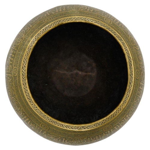 366 - ISLAMIC ENGRAVED BRASS BOWL19THN CENTURYthe compressed ovoid sides decorated with calligraphic and g... 