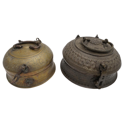 375 - TWO INDIAN BRASS CIRCULAR BOXES19TH CENTURYone with embossed decoration the other engraved with foli... 