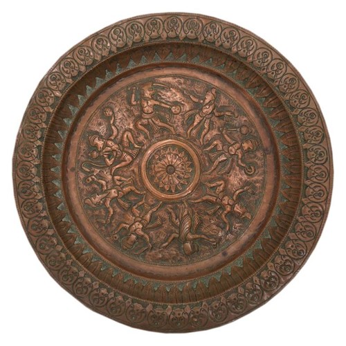 381 - GROUP OF PERSIAN TINNED COPPER WARES19TH CENTURYcomprising a large tray, three circular dishes, two ... 