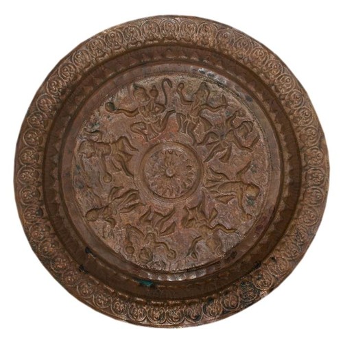 381 - GROUP OF PERSIAN TINNED COPPER WARES19TH CENTURYcomprising a large tray, three circular dishes, two ... 