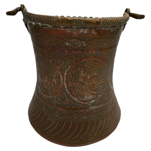 383 - LARGE PERSIAN TINNED COPPER CAULDRON19TH CENTURYwith swing handle, the sides decorated in relief wit... 