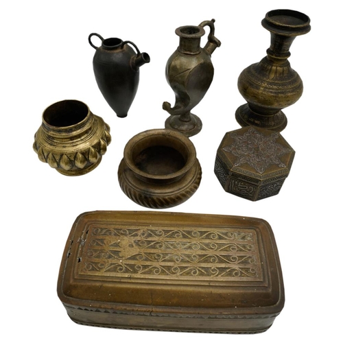 391 - GROUP OF PERSIAN METAL WARES18TH / 19TH CENTURYcomprising a Mughal Hookah, two covered boxes, a vase... 