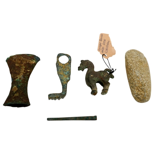 395 - SMALL 'LURISTAN' BRONZE HORSE600 BC OR LATER 5.5cm high; together with two small axe heads, pair of ... 