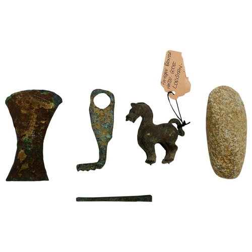 395 - SMALL 'LURISTAN' BRONZE HORSE600 BC OR LATER 5.5cm high; together with two small axe heads, pair of ... 