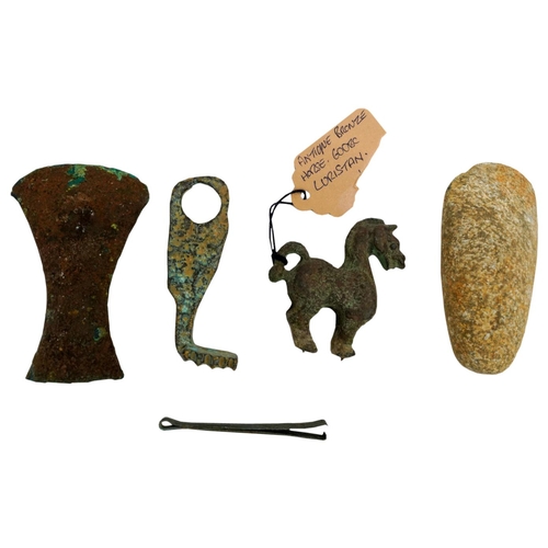 395 - SMALL 'LURISTAN' BRONZE HORSE600 BC OR LATER 5.5cm high; together with two small axe heads, pair of ... 